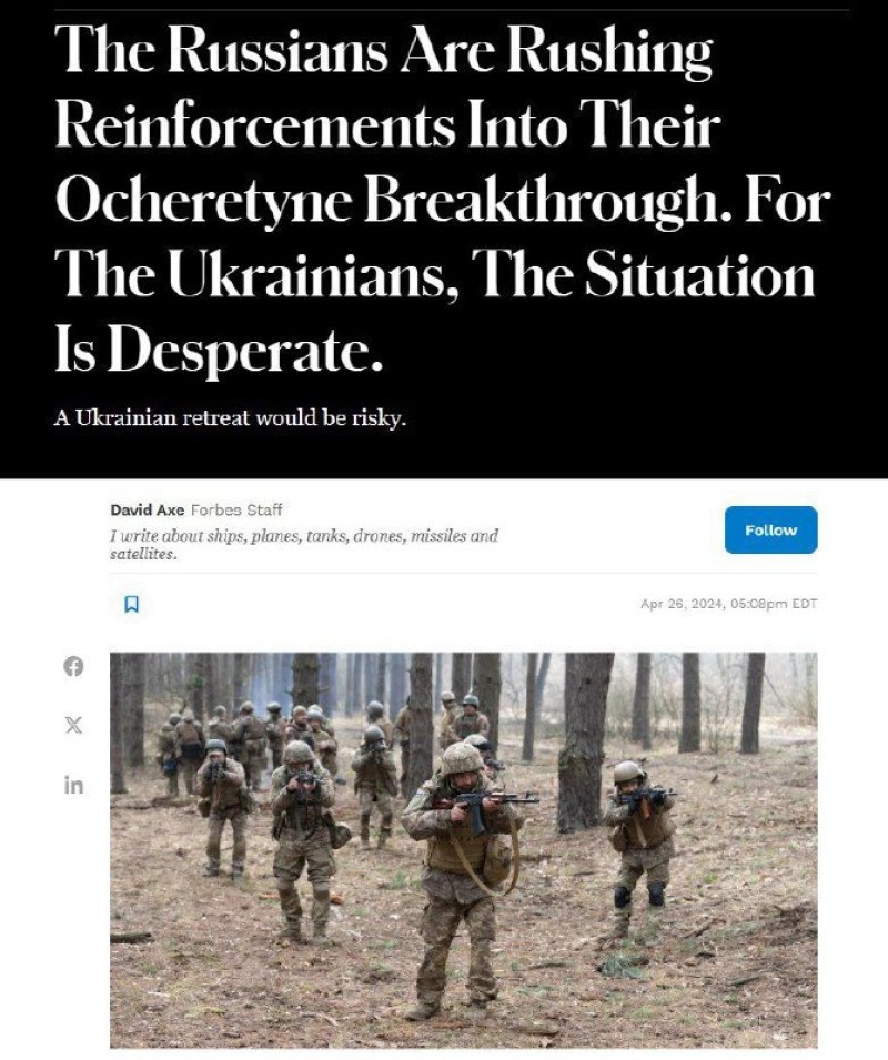 Le forze armate ucraine nella regione di Ocheretino versano in una “situazione disperata”, scrive Forbes.